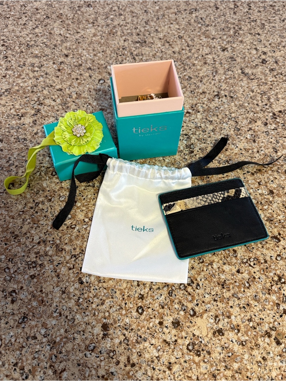 Tieks snake print Leather Card Holder with Teal Trim - new in tiny Tieks box